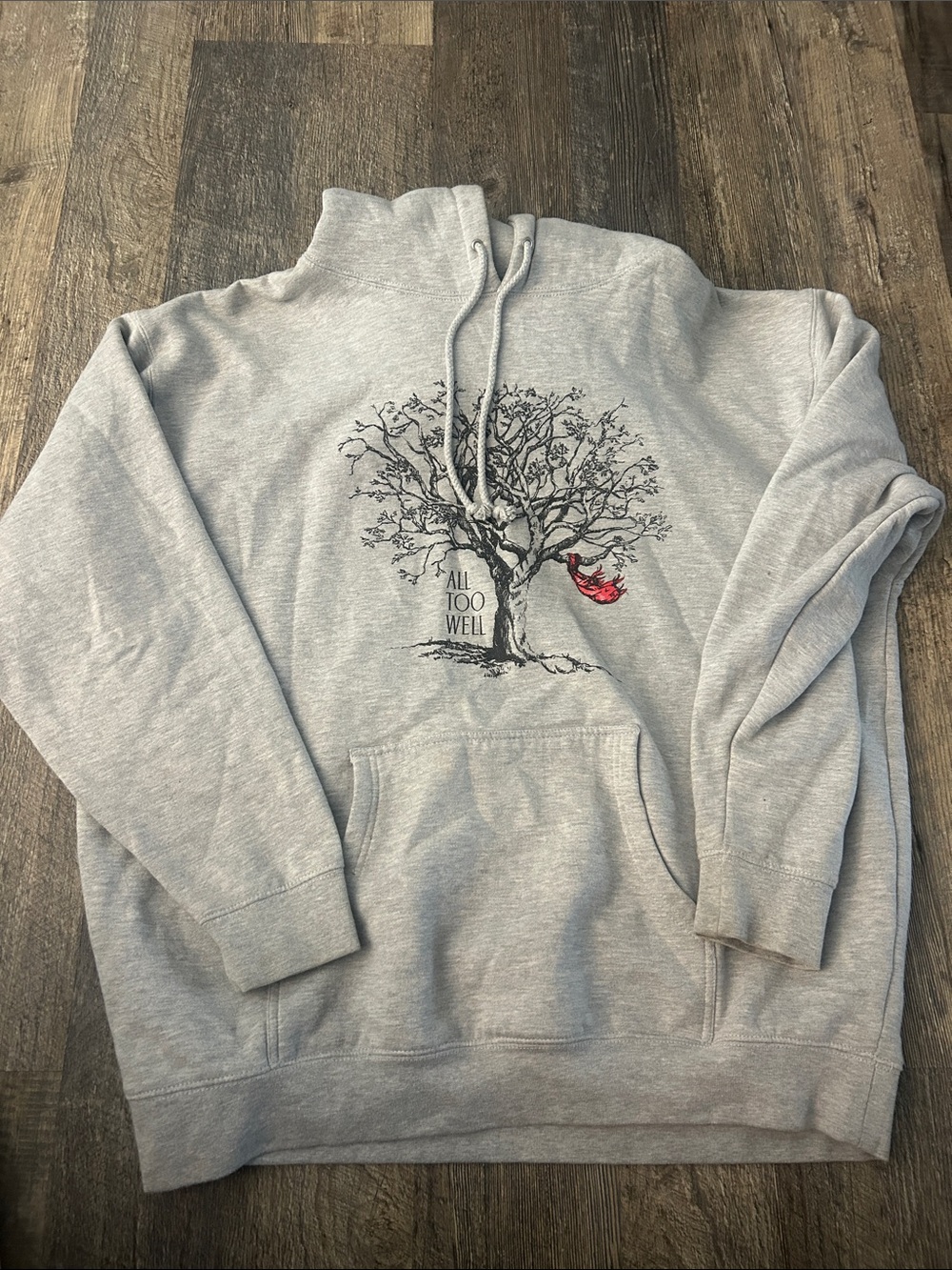 Taylor Swift Gray Hoodie with Black Tree and Red Accent